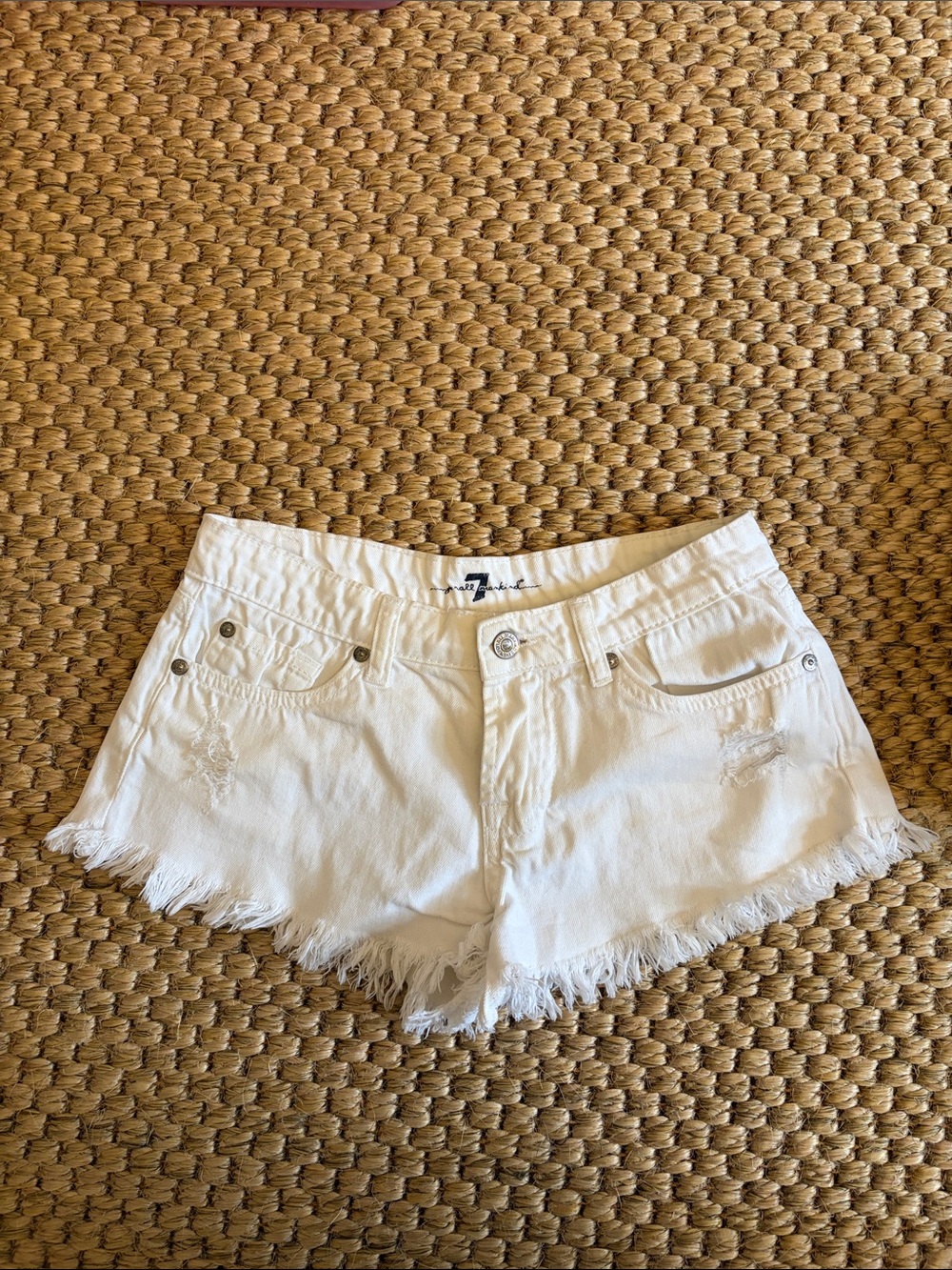 7 For All Mankind White Distressed Frayed Hem Denim Cutoff Shorts